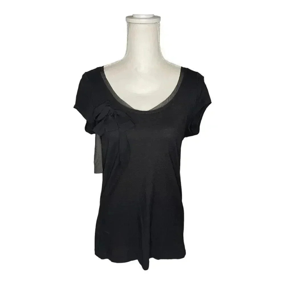 LOFT Women’s Medium Black Scoopneck Top With Sheer Bow Detail